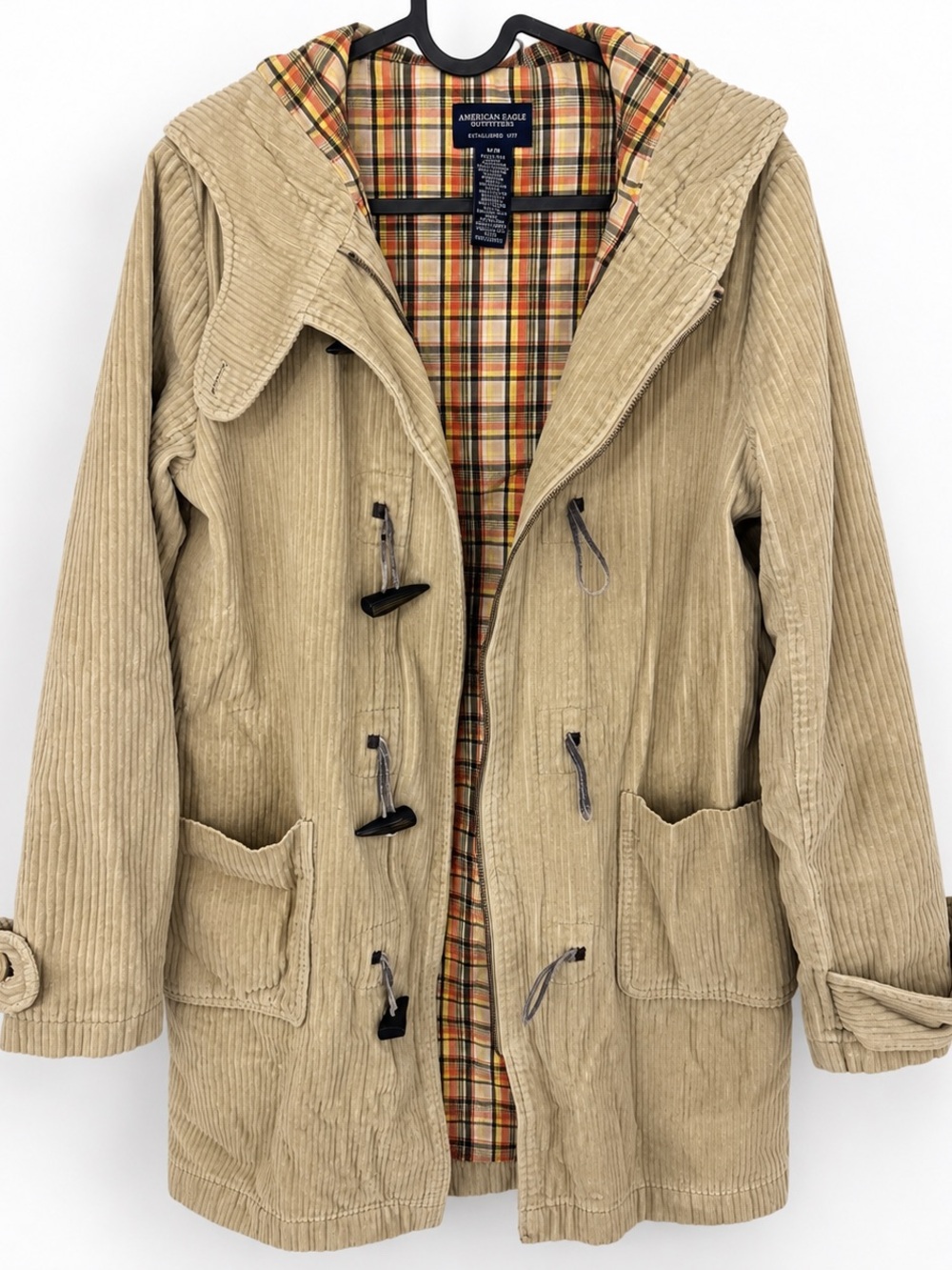 American Eagle Outfitters Tan Corduroy Hooded Pea Coat with Plaid Lining